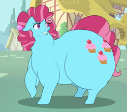 Size: 935x828 | Tagged: safe, artist:astr0zone, character:cup cake, ass, fat, female, floppy ears, grin, heart, hips, huge butt, impossibly large butt, impossibly large hips, impossibly large thighs, large butt, lidded eyes, looking back, ponyville, raised hoof, smiling, solo, the ass was fat, thick cup cake, thunder thighs, wide hips