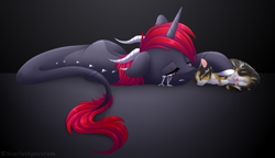Size: 3586x2060 | Tagged: safe, artist:scarlet-spectrum, oc, oc only, oc:scarlet spectrum, species:dracony, species:pony, cat, crying, death, female, friends, hybrid, mare, pet, red and black oc, tribute