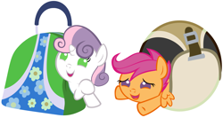Size: 5400x2880 | Tagged: safe, artist:beavernator, character:scootaloo, character:sweetie belle, species:pegasus, species:pony, baby, baby belle, baby pony, baby scootaloo, bag, beavernator is trying to murder us, bowling bag, cute, cutealoo, diasweetes, foal