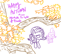 Size: 2898x2585 | Tagged: safe, artist:adorkabletwilightandfriends, character:spike, character:starlight glimmer, species:dragon, species:pony, comic:adorkable twilight and friends, above, autumn, leaves, lineart, patreon, perspective, semi-grimdark series, suggestive series, top down, tree, walking