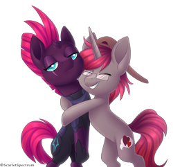 Size: 2702x2610 | Tagged: safe, artist:scarlet-spectrum, character:tempest shadow, oc, oc:linkin, species:pony, species:unicorn, my little pony: the movie (2017), armor, broken horn, canon x oc, commission, eye scar, glasses, hug, scar, simple background, tempest shadow is not amused, transparent background, unamused