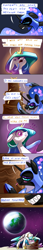 Size: 1200x7000 | Tagged: safe, artist:underpable, character:nightmare moon, character:princess celestia, character:princess luna, species:alicorn, species:pony, bad end, banana, blush sticker, blushing, cake, cakelestia, comic, dialogue, do you like bananas?, drool, earth, female, floppy ears, food, funny end, good end, grin, helmet, mare, moon, smiling, suggestive eating, sweat