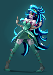 Size: 2480x3507 | Tagged: safe, artist:underpable, character:gloriosa daisy, equestria girls:legend of everfree, g4, my little pony: equestria girls, my little pony:equestria girls, boots, breasts, clothing, dress, female, fuck you, gaea everfree, middle finger, shoes, simple background, skirt, smiling, solo, thigh boots, vulgar