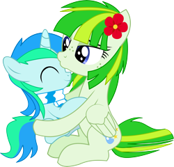 Size: 6321x6075 | Tagged: safe, artist:cyanlightning, oc, oc only, oc:cyan lightning, oc:green lightning, species:pegasus, species:pony, species:unicorn, .svg available, absurd resolution, clothing, colt, eyes closed, female, freckles, holding a pony, hug, kissing, male, mare, mother and son, scarf, simple background, transparent background, vector