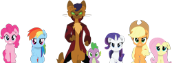 Size: 8489x3110 | Tagged: safe, artist:ejlightning007arts, character:applejack, character:capper dapperpaws, character:fluttershy, character:pinkie pie, character:rainbow dash, character:rarity, character:spike, character:twilight sparkle, species:abyssinian, species:anthro, species:digitigrade anthro, species:dragon, species:earth pony, species:pegasus, species:pony, species:unicorn, my little pony: the movie (2017), absurd resolution, anthro with ponies, cat, clothing, female, male, mane six, mare, simple background, transparent background, vector
