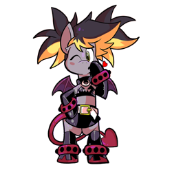Size: 576x576 | Tagged: safe, artist:pembroke, oc, oc only, oc:aero, parent:derpy hooves, parent:oc:warden, parents:canon x oc, parents:warderp, bipedal, bracelet, disgaea, etna, heart, jewelry, offspring, one eye closed, simple background, solo, spiked wristband, studded bracelet, transparent background, wink, wristband