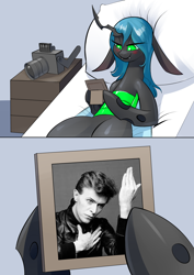 Size: 1600x2263 | Tagged: safe, artist:underpable, edit, character:queen chrysalis, species:changeling, species:human, species:pony, album, album cover, bed, blushing, camera, changeling queen, david bowie, exploitable meme, fangs, female, floppy ears, former queen chrysalis, heroes, irl, long ears, mare, meme, obligatory pony, photo, queen chrysalis's photo, sad, smiling