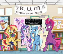 Size: 4200x3600 | Tagged: safe, artist:docwario, character:big mcintosh, character:fizzlepop berrytwist, character:moondancer, character:princess cadance, character:princess celestia, character:princess luna, character:scootaloo, character:starlight glimmer, character:sunset shimmer, character:tempest shadow, character:trixie, character:twilight sparkle, character:twilight sparkle (alicorn), species:alicorn, species:pegasus, species:pony, species:unicorn, g4, my little pony: the movie (2017), ableist, anatomically incorrect, broken horn, chair, counterparts, cute, female, filly, fun with acronyms, get, hang in there, hanging, humiliation, implied flurry heart, inconvenient trixie, incorrect leg anatomy, mare, pin the tail on the pony, princess big mac, reformed unicorn meeting, reformed villain, rocking chair, scootaloo can't fly, shaming, shimmerbetes, subtle as a train wreck, this will end in pain, twilight's counterparts