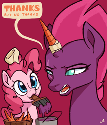 Size: 2400x2800 | Tagged: safe, artist:docwario, character:pinkie pie, character:tempest shadow, species:earth pony, species:pony, species:unicorn, my little pony: the movie (2017), bowl, broken horn, bucket, carrot, fake horn, female, food, mare, paintbrush, tape, tempest gets her horn back