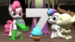 Size: 1280x720 | Tagged: safe, artist:red4567, character:gummy, character:pinkie pie, character:pound cake, character:princess flurry heart, character:spike, species:dragon, species:pony, ship:poundflurry, 3d, 7, baby, baby ponies, baby pony, candle, cupcake, cute, diapinkes, female, food, happy birthday mlp:fim, kissing, male, mlp fim's seventh anniversary, older, older spike, pacifier, ponies riding gators, riding, shipping, source filmmaker, straight, winged spike
