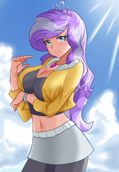 Size: 626x900 | Tagged: safe, artist:thebrokencog, character:diamond tiara, species:human, my little pony:equestria girls, arm under breasts, belly button, breasts, busty diamond tiara, cleavage, clothing, compression shorts, female, human coloration, humanized, leggings, looking at you, midriff, miniskirt, older, older diamond tiara, seductive pose, sexy, skirt, smiling, solo, stupid sexy diamond tiara