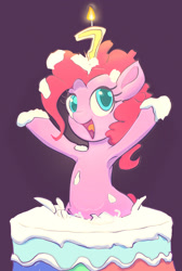 Size: 908x1352 | Tagged: safe, artist:grissaecrim, character:pinkie pie, species:pony, armpits, birthday candles, cake, female, food, happy birthday mlp:fim, mare, mlp fim's seventh anniversary, pop out cake, solo
