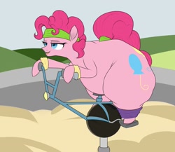 Size: 1280x1109 | Tagged: safe, artist:astr0zone, character:pinkie pie, my little pony: the movie (2017), bottom heavy, chubby, exercise, exercise bike, fat, female, headband, huge butt, impossibly large butt, large butt, pudgy pie, solo, wristband
