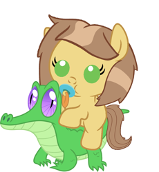 Size: 936x1017 | Tagged: safe, artist:red4567, character:gummy, oc, oc:milly millstone, species:pony, baby, baby pony, cute, ocbetes, pacifier, ponies riding gators, riding