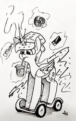 Size: 756x1200 | Tagged: safe, artist:underpable, character:princess luna, species:alicorn, species:pony, inktober, cellphone, clothing, coffee, cute, drinking, female, fidget spinner, frappuccino, hat, levitation, lineart, looking down, lunabetes, magic, mare, millennial, monochrome, phone, simple background, solo, starbucks, straw, swegway, telekinesis, traditional art, unicorn frappuccino, vape, vaping, white background