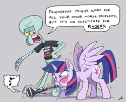 Size: 6400x5200 | Tagged: safe, artist:docwario, character:twilight sparkle, character:twilight sparkle (alicorn), species:alicorn, species:pony, absurd resolution, blushing, clarinet, clothing, crossover, dialogue, female, horse problems, hypocritical humor, implied fluttermac, implied shipping, implied straight, mare, musical instrument, shirt, simple background, spongebob squarepants, squidward tentacles