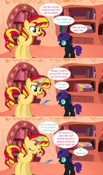 Size: 1280x2168 | Tagged: safe, artist:hakunohamikage, character:sunset shimmer, oc, oc:nyx, species:alicorn, species:pony, ask-princesssparkle, alicorn oc, ask, comic, eyes closed, female, filly, golden oaks library, mare, tumblr