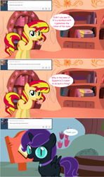 Size: 1280x2168 | Tagged: safe, artist:hakunohamikage, character:sunset shimmer, oc, oc:nyx, species:alicorn, species:pony, species:unicorn, ask-princesssparkle, alicorn oc, ask, comic, female, filly, golden oaks library, mare, tumblr