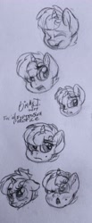 Size: 1319x3198 | Tagged: safe, artist:binkyt11, derpibooru original, oc, oc only, oc:nurse bloodlust, species:pony, species:unicorn, :o, beauty mark, blushing, bust, cringing, crying, expressions, female, looking up, mare, monochrome, open mouth, portrait, puffy cheeks, traditional art