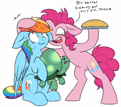 Size: 4748x4213 | Tagged: safe, artist:chub-wub, character:pinkie pie, character:rainbow dash, character:tank, species:earth pony, species:pegasus, species:pony, episode:secrets and pies, g4, my little pony: friendship is magic, absurd resolution, backwards cutie mark, bloodshot eyes, crazy face, dialogue, eat my pie, faec, female, floppy ears, food, mare, messy mane, nervous, pie, pinpoint eyes, scared, simple background, sweat, this will end in pain, vulgar, white background
