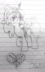 Size: 1135x1827 | Tagged: safe, artist:binkyt11, derpibooru original, oc, oc only, oc:izzy bitsy, species:pony, fangs, female, lined paper, mare, monochrome, old art is old, original character do not steal, original species, solo, traditional art, wat