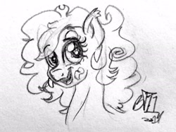 Size: 2444x1832 | Tagged: safe, artist:binkyt11, derpibooru original, oc, oc only, oc:izzy bitsy, species:pony, bust, cute, cute little fangs, fangs, female, grayscale, happy, mare, monochrome, monster pony, multiple eyes, original species, portrait, simple background, spiderpony, traditional art, white background