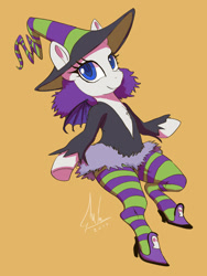 Size: 600x800 | Tagged: safe, artist:grissaecrim, character:rarity, species:pony, species:unicorn, bipedal, clothing, costume, crossover, female, halloween, halloween costume, hat, high heels, holiday, looking at you, mare, orange background, scary godmother, shoes, simple background, smiling, socks, solo, striped socks, tabitha st. germain, voice actor joke, wings, witch, witch hat