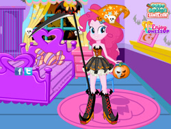 Size: 800x600 | Tagged: safe, artist:user15432, character:pinkie pie, species:human, my little pony:equestria girls, axe, clothing, color design, costume, dress up, dressup, dressup game, enjoy dressup, flash game, halloween, halloween costume, hasbro, hasbro studios, hat, holiday, jack-o-lantern, pumpkin, weapon, witch hat