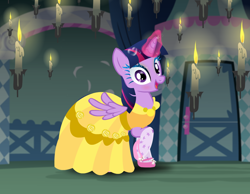 Size: 1020x793 | Tagged: safe, artist:user15432, character:twilight sparkle, character:twilight sparkle (alicorn), species:alicorn, species:pony, beauty and the beast, belle, candle, candlelight, candlestick, clothing, costume, crossover, disney, disney princess, dress, dress up, dress up game, dressup, female, glowing horn, halloween, halloween costume, holiday, magic, mare, my little pony, princess belle, shoes, stockings, thigh highs