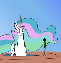 Size: 1928x1994 | Tagged: safe, artist:greyscaleart, character:princess celestia, oc, oc:human grey, species:alicorn, species:human, species:pony, ethereal mane, female, flowing mane, funny, giantlestia, growth, looking down, macro, male, mare, multicolored hair, praise the sun, purple eyes, size comparison, swimming pool, wings