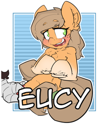 Size: 1645x2098 | Tagged: safe, artist:bbsartboutique, oc, oc only, oc:eucalyptus, species:earth pony, species:pony, badge, blushing, con badge, simple background, transparent background
