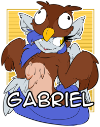 Size: 1609x2047 | Tagged: safe, artist:bbsartboutique, oc, oc only, oc:gabriel, species:owl, badge, clothing, con badge, costume, simple background, transparent background
