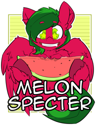 Size: 1623x2123 | Tagged: safe, artist:bbsartboutique, oc, oc only, oc:melon specter, species:pegasus, species:pony, badge, con badge, food, simple background, starry eyes, transparent background, unshorn fetlocks, watermelon, wingding eyes