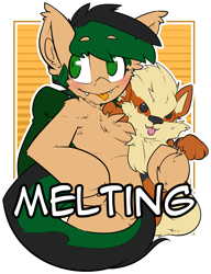 Size: 1639x2129 | Tagged: safe, artist:bbsartboutique, oc, oc only, oc:melting, species:bat pony, arcanine, badge, con badge, crossover, pokémon, simple background, solo, transparent background