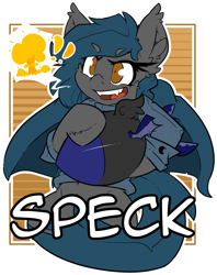 Size: 1639x2069 | Tagged: safe, artist:bbsartboutique, oc, oc only, oc:speck, species:bat pony, badge, con badge, nuclear weapon, solo, weapon