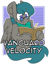 Size: 1661x2186 | Tagged: safe, artist:bbsartboutique, oc, oc only, oc:vanguard velocity, badge, book, con badge, reading