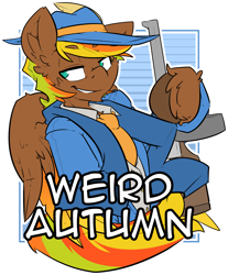 Size: 1782x2152 | Tagged: safe, artist:bbsartboutique, oc, oc only, oc:weird autumn, oc:whispering wind, badge, con badge, gun, tommy gun, weapon