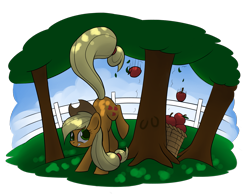 Size: 2387x1870 | Tagged: safe, artist:underpable, character:applejack, apple, applebucking, basket, female, fence, grin, kicking, solo, tree, trunk