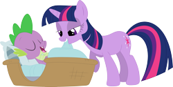 Size: 3584x1813 | Tagged: safe, artist:porygon2z, character:spike, character:twilight sparkle, character:twilight sparkle (unicorn), species:dragon, species:pony, species:unicorn, episode:owl's well that ends well, g4, my little pony: friendship is magic, basket, cute, duo, female, lidded eyes, male, mama twilight, mare, misleading thumbnail, spikabetes, twiabetes