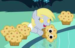 Size: 5000x3200 | Tagged: safe, artist:beavernator, character:derpy hooves, species:pony, baby, baby pony, cave, cave pool, diaper, filly, foal, googly eyes, mirror pool, muffin, that pony sure does love muffins