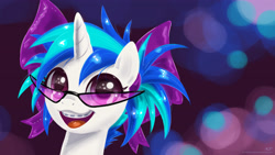 Size: 4267x2400 | Tagged: safe, artist:kp-shadowsquirrel, character:dj pon-3, character:vinyl scratch, species:pony, species:unicorn, adorkable, alternate hairstyle, bow, braces, cute, dork, female, filly, glasses, hair bow, happy, looking at you, open mouth, ribbon, smiling, solo, sunglasses, teenager, vinylbetes, wallpaper, younger