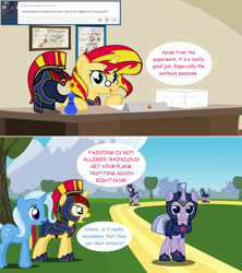 Size: 1280x1444 | Tagged: safe, artist:hakunohamikage, character:sunset shimmer, character:trixie, oc, oc:raincloud, species:pony, species:unicorn, ask-princesssparkle, armor, ask, comic, desk, drill sergeant, dusk guard, female, glasses, mare, tumblr