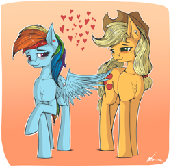Size: 2555x2495 | Tagged: safe, artist:neko-me, character:applejack, character:rainbow dash, species:earth pony, species:pegasus, species:pony, ship:appledash, blushing, butt touch, feathermarking, female, heart, lesbian, never doubt tchernobog's involvement, raised hoof, shipping, smiling