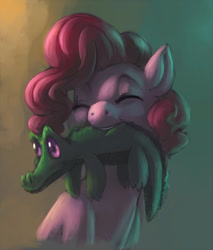 Size: 850x1000 | Tagged: safe, artist:grissaecrim, artist:kevinsano edits, edit, character:gummy, character:pinkie pie, species:earth pony, species:pony, alligator, bust, cute, eyes closed, female, mare, mouth hold, nom, smiling