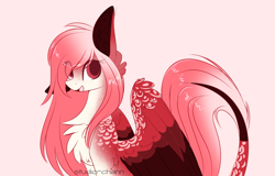 Size: 1024x657 | Tagged: safe, artist:little-sketches, oc, oc only, oc:hoissuru, species:pegasus, species:pony, chest fluff, colored pupils, colored wings, female, leonine tail, looking at you, mare, multicolored wings, open mouth, pink background, simple background, sitting, solo