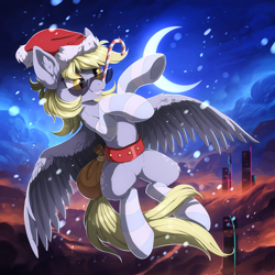 Size: 1280x1280 | Tagged: safe, artist:hioshiru, character:derpy hooves, species:pegasus, species:pony, building, candy, candy cane, christmas, city, clothing, derpfest, female, food, future, hat, holiday, moon, night, santa hat, skyscraper, solo, sunglasses