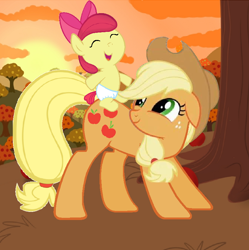 Size: 798x800 | Tagged: safe, artist:beavernator, character:apple bloom, character:applejack, species:pony, adorabloom, baby, baby apple bloom, baby pony, cute, female, foal, orchard, ponies riding ponies, sisters, tree