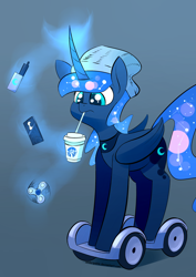 Size: 2480x3507 | Tagged: safe, artist:underpable, character:princess luna, species:alicorn, species:pony, cellphone, clothing, coffee, cringe comedy, curved horn, cute, drinking, ethereal mane, female, fidget spinner, frappuccino, frown, glowing horn, gray background, hat, hipster, how do you do fellow kids, levitation, looking down, lunabetes, magic, mare, meme, millennial, phone, scooter, segway, simple background, smartphone, solo, starbucks, straw, swegway, telekinesis, towel, unicorn frappuccino, vape