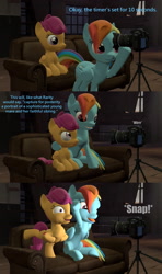 Size: 1920x3240 | Tagged: safe, artist:red4567, character:rainbow dash, character:scootaloo, species:pegasus, species:pony, 3d, balancing, bipedal, camera, chicken dance, comic, couch, dialogue, eye contact, female, filly, garfield, hoof hold, hug, looking at each other, majestic as fuck, open mouth, raised leg, scootachicken, scootalove, silly, silly pony, sitting, smiling, source filmmaker, text, tongue out, wide eyes
