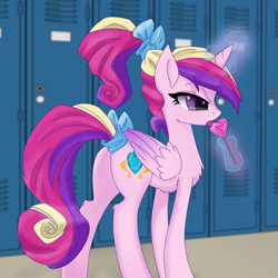 Size: 3100x3100 | Tagged: safe, artist:kp-shadowsquirrel, artist:oil, derpibooru original, character:princess cadance, species:alicorn, species:pony, bow, candy, female, food, high res, lollipop, lovebutt, mare, plot, solo, tail bow, teen princess cadance, tongue out, younger